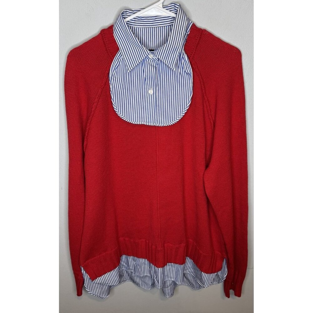Women’s Ralph Lauren Black Label Blouse XXL Red Knit Long Sleeve Striped Collar